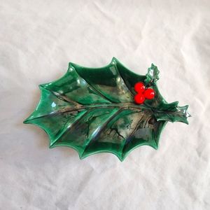 Vintage Lefton Holly Berry Leaf Trinket Candy Dish
